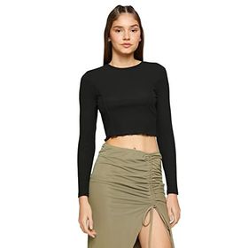 Koton 999 Kadın Crop Uzun Kollu Bisiklet Yaka Nervürlü Siyah T-shirt