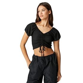 Koton 999 Kadın Siyah Crop Balon Kollu Büzgü Detaylı V Yaka T-shirt