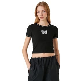 Koton 999 Kadın Siyah Crop Kelebek Baskılı Bisiklet Yaka Kısa Kollu T-shirt