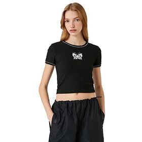 Koton 999 Kadın Siyah Crop Kelebek Baskılı Bisiklet Yaka Kısa Kollu T-shirt
