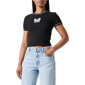 Koton 999 Kadın Siyah Crop Kelebek Baskılı Bisiklet Yaka Kısa Kollu T-shirt