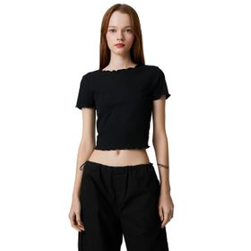 Koton 999 Kadın Siyah Crop Kollu Bisiklet Yaka Fırfır Detaylı T-shirt