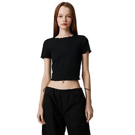 Koton 999 Kadın Siyah Crop Kollu Bisiklet Yaka Fırfır Detaylı T-shirt