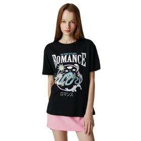 Koton 999 Kadın Siyah Kısa Kollu Bisiklet Yaka Uzak Doğu Baskılı T-shirt
