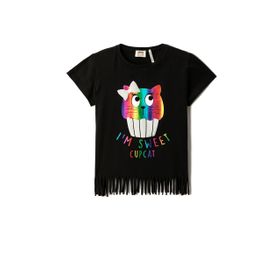 Koton 999 Kız Çocuk T-shirt Kedi Baskılı Kısa Kollu Püsküllü Bisiklet Yaka Pamuklu Siyah