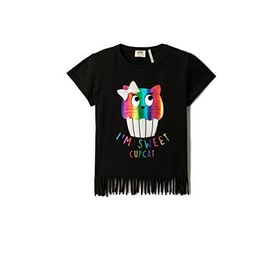 Koton 999 Kız Çocuk T-shirt Kedi Baskılı Kısa Kollu Püsküllü Bisiklet Yaka Pamuklu Siyah