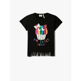 Koton 999 Kız Çocuk T-shirt Kedi Baskılı Kısa Kollu Püsküllü Bisiklet Yaka Pamuklu Siyah