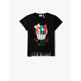 Koton 999 Kız Çocuk T-shirt Kedi Baskılı Kısa Kollu Püsküllü Bisiklet Yaka Pamuklu Siyah