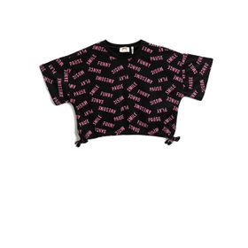 Koton 9D9 Kız Çocuk Crop Oversize Kısa Kollu Baskılı Yanları Fiyonk Detaylı Bisiklet Yaka Siyah Desenli T-shirt