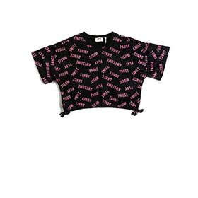 Koton 9D9 Kız Çocuk Crop Oversize Kısa Kollu Baskılı Yanları Fiyonk Detaylı Bisiklet Yaka Siyah Desenli T-shirt
