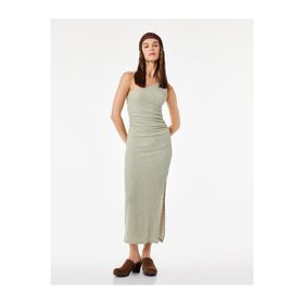 Koton Bürümcük Kumaş Tek Omuz Kolsuz Slim Fit Drapeli Uzun Elbise