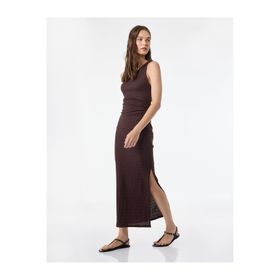 Koton Bürümcük Kumaş Tek Omuz Kolsuz Slim Fit Drapeli Uzun Elbise