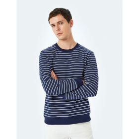 Koton Erkek Çocuk Pamuklu Çizgili Bisiklet Yaka Islemeli Sweatshirt Lacivert 1YMB18970ZK01M912