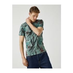 Koton Erkek Pamuklu Bisiklet Yaka Desenli Kisa Kollu Bisiklet Yaka T-shirt Yeşil 1YAM11856LK01AXL