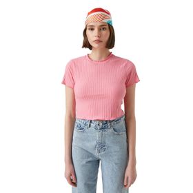 Koton Kadın Bisiklet Yaka Kısa Kollu Crop T-shirt
