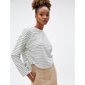 Koton Kadın Crop Sweatshirt Bisiklet Yaka Yanları Büzgülü Uzun Kollu, Ekru Çizgili, XS