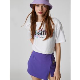 Koton Kısa Kollu Bisiklet Yaka Pamuklu Ekru 002 3/4 Yaş Kız Çocuk Sırtı Slogan Baskılı Crop Tişört