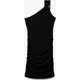 Koton Siyah Astarlı Aksesuar Detaylı Slim Fit Drapeli Mini Tek Omuz Elbise