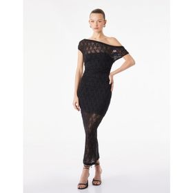Koton Siyah Slim Fit Kayık Yaka Bodycon Dantelli Taşlı Midi Abiye Elbise