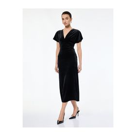 Koton Slim Fit Kısa Yarasa Kollu Kruvaze V Yaka Midi Boy Kadife Elbise