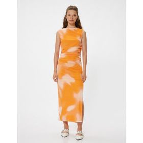 Koton Tül Bodycon Uzun Kolsuz Drapeli Kayık Yaka Slim Fit Soyut Desenli Turuncu Elbise