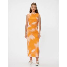 Koton Tül Bodycon Uzun Kolsuz Drapeli Kayık Yaka Slim Fit Soyut Desenli Turuncu Elbise