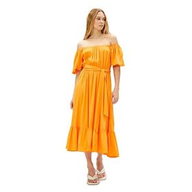 Koton Tül Bodycon Uzun Kolsuz Drapeli Kayık Yaka Slim Fit Soyut Desenli Turuncu Elbise