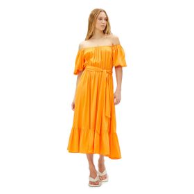 Koton Tül Bodycon Uzun Kolsuz Drapeli Kayık Yaka Slim Fit Soyut Desenli Turuncu Elbise