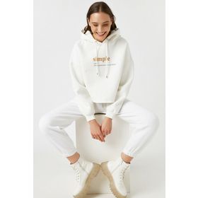 Koton TYC00057229912 Ekru Kapüsonlu Yazili Baskili Crop Kadın Sweatshirt