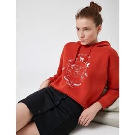 Koton TYC00057229912 Ekru Kapüsonlu Yazili Baskili Crop Kadın Sweatshirt