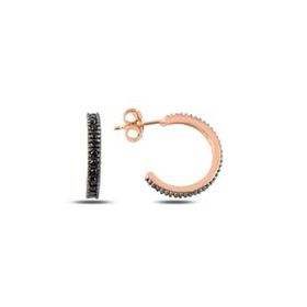 Kovac 925 Ayar 15 mm Tek Sıra Tamtur Model Rose Kaplama Siyah Zirkon Taşlı Kadın Gümüş Küpe