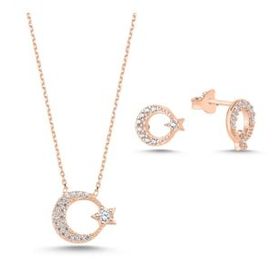Kovac 925 Ayar Ay Yıldız Model Rose Kaplama Zirkon Taşlı Kadın Gümüş Set