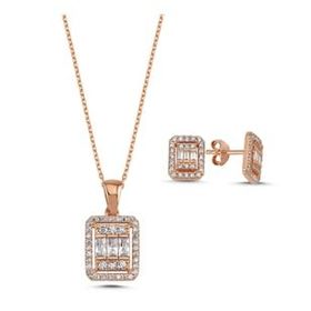 Kovac 925 Ayar Baget Model Rose Kaplama Zirkon Taşlı Kadın Gümüş Set