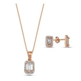 Kovac 925 Ayar Baget Model Rose Kaplama Zirkon Taşlı Kadın Gümüş Set