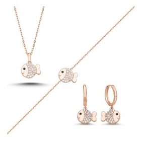 Kovac 925 Ayar Balık Model Rose Kaplama Zirkon Taşlı Kadın Gümüş Set