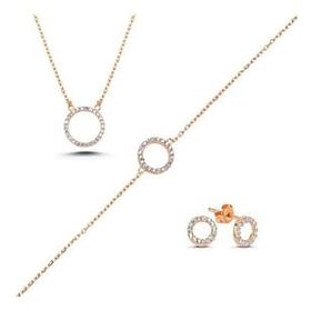 Kovac 925 Ayar Çember Model Rose Kaplama Zirkon Taşlı Kadın Gümüş Set
