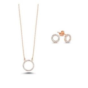 Kovac 925 Ayar Çember Model Rose Kaplama Zirkon Taşlı Kadın Gümüş Set