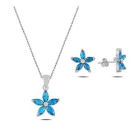 Kovac 925 Ayar Çiçek Model Akuamarin Taşlı Kadın Gümüş Set