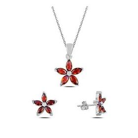 Kovac 925 Ayar Çiçek Model Garnet Taşlı Kadın Gümüş Set