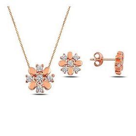 Kovac 925 Ayar Çiçek Model Rose Kaplama Zirkon Taşlı Kadın Gümüş Set