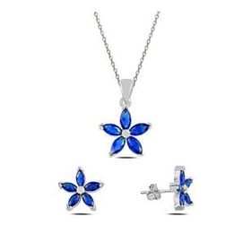 Kovac 925 Ayar Çiçek Model Safir Taşlı Kadın Gümüş Set