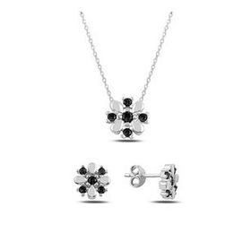 Kovac 925 Ayar Çiçek Model Siyah Zirkon Taşlı Kadın Gümüş Set
