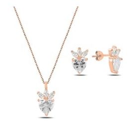Kovac 925 Ayar Çilek&Kalp Model Rose Kaplama Zirkon Taşlı Kadın Gümüş Set