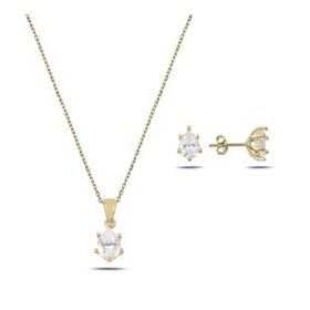 Kovac 925 Ayar Damla Model Altın Kaplama Zirkon Taşlı Kadın Gümüş Set