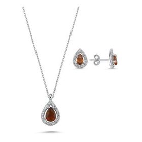 Kovac 925 Ayar Damla Model Garnet Taşlı Kadın Gümüş Set