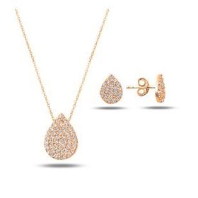 Kovac 925 Ayar Damla Model Rose Altın Kaplama Zirkon Taşlı Kadın Gümüş Set