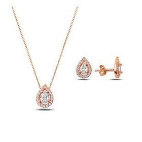 Kovac 925 Ayar Damla Model Rose Altın Kaplama Zirkon Taşlı Kadın Gümüş Set