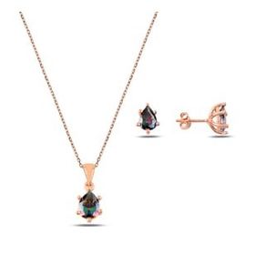 Kovac 925 Ayar Damla Model Rose Kaplama Mistik Topaz Taşlı Kadın Gümüş Set