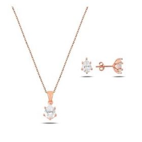 Kovac 925 Ayar Damla Model Rose Kaplama Zirkon Taşlı Kadın Gümüş Set