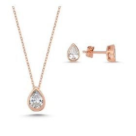Kovac 925 Ayar Damla Model Rose Kaplama Zirkon Taşlı Kadın Gümüş Set